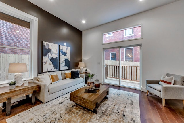 living room with a high ceiling and dark hardwood / wood-style flooring