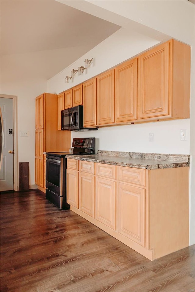 kitchen featuring stainless steel electric range oven, dark hardwood / wood-style flooring, and light brown cabinets