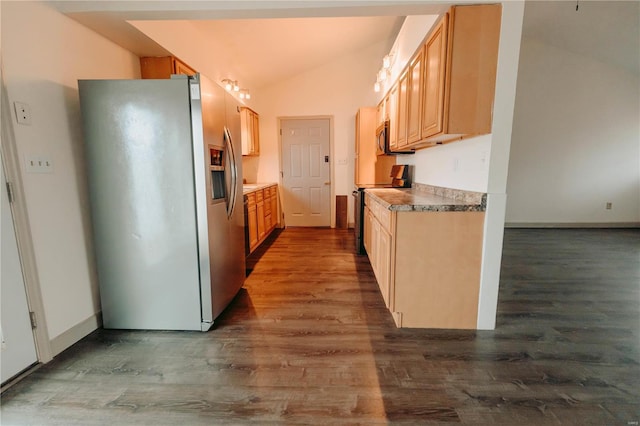 kitchen featuring lofted ceiling, light brown cabinets, black / electric stove, dark hardwood / wood-style floors, and stainless steel fridge