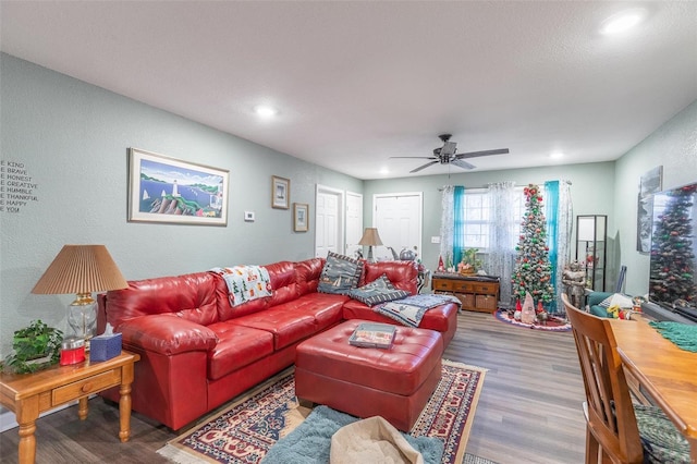 living room with ceiling fan and wood-type flooring