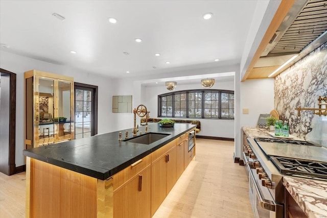 kitchen with sink, custom exhaust hood, a kitchen island with sink, light hardwood / wood-style floors, and stainless steel appliances