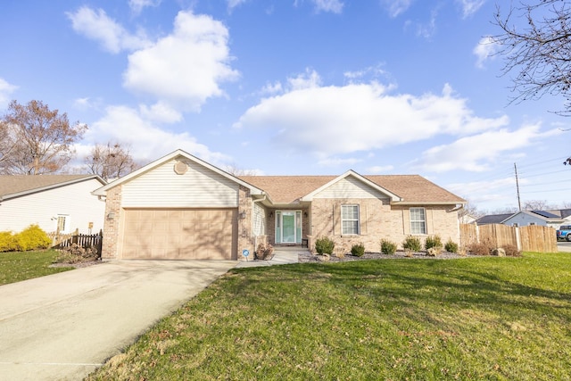 single story home with a front yard and a garage