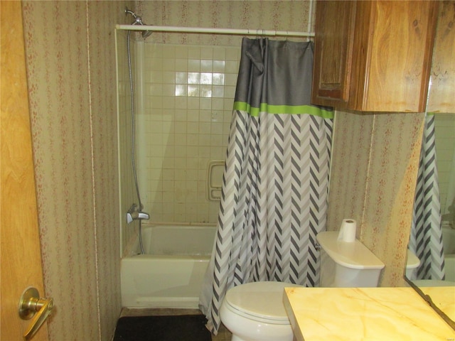 full bathroom with toilet, shower / bathtub combination with curtain, and vanity