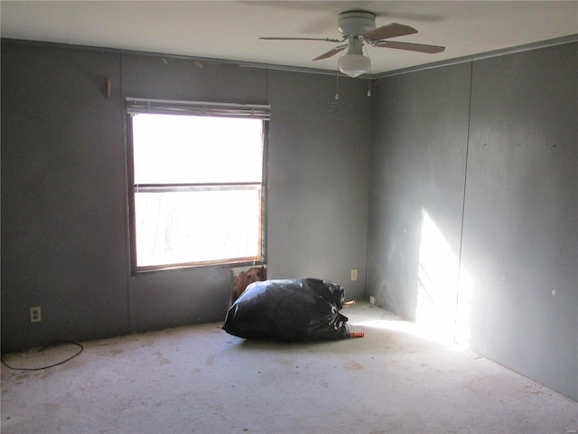 carpeted spare room featuring ceiling fan