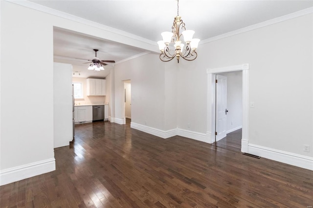 unfurnished dining area with crown molding, dark wood-type flooring, and ceiling fan with notable chandelier