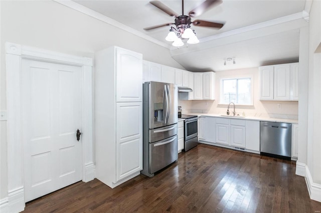 kitchen with ceiling fan, sink, dark wood-type flooring, white cabinets, and appliances with stainless steel finishes