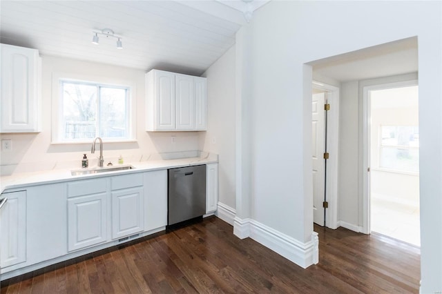 kitchen featuring wooden ceiling, white cabinets, sink, stainless steel dishwasher, and dark hardwood / wood-style floors