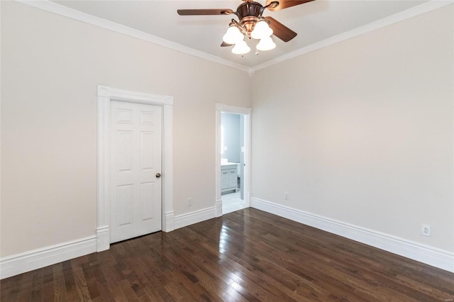 unfurnished bedroom with dark hardwood / wood-style floors, ceiling fan, and ornamental molding