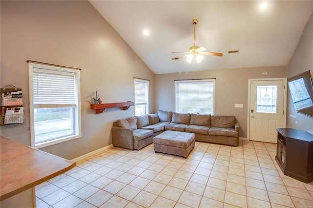 living room with high vaulted ceiling, ceiling fan, and light tile patterned flooring