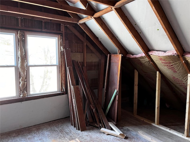 unfinished attic featuring a healthy amount of sunlight