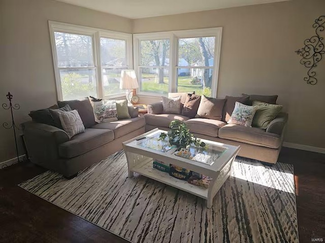 living room featuring dark hardwood / wood-style flooring and a wealth of natural light