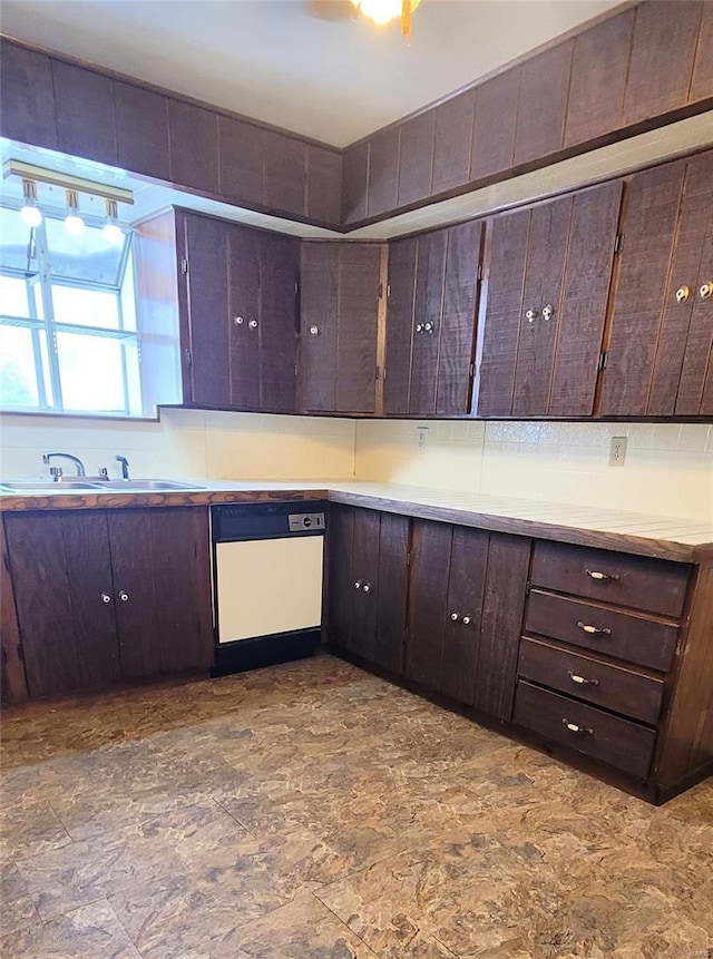 kitchen with dark brown cabinetry, dishwasher, and sink