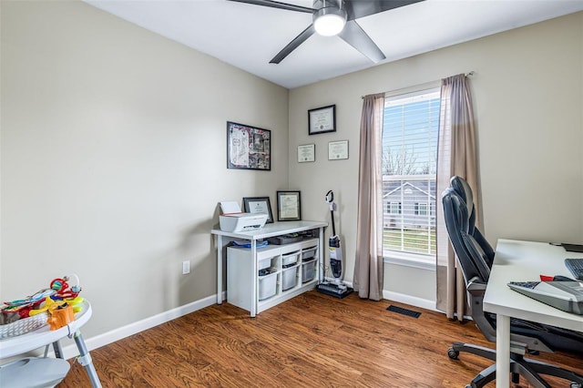 home office with wood-type flooring, ceiling fan, and a healthy amount of sunlight