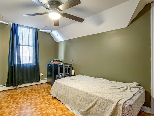 bedroom with lofted ceiling and ceiling fan