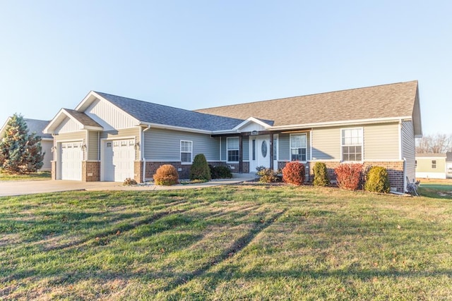 ranch-style house with a garage and a front yard