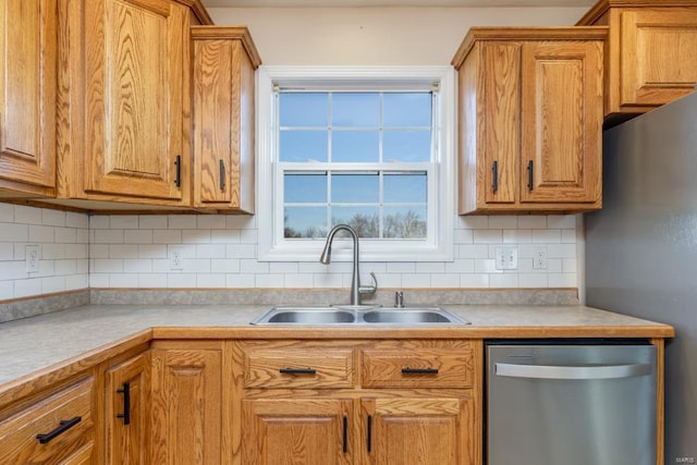 kitchen with stainless steel dishwasher, decorative backsplash, and sink