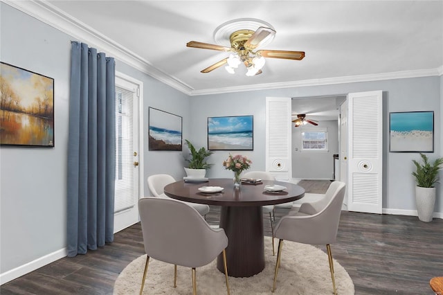 dining area with dark hardwood / wood-style floors and ornamental molding