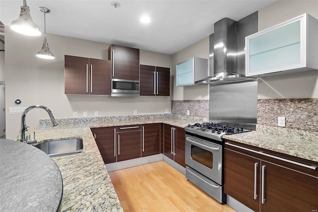 kitchen with dark brown cabinetry, stainless steel appliances, ventilation hood, light wood-type flooring, and a sink