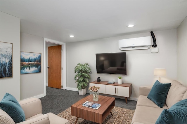 carpeted living room featuring a wall unit AC