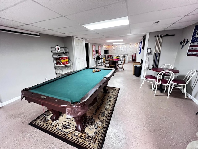 game room featuring a paneled ceiling and billiards