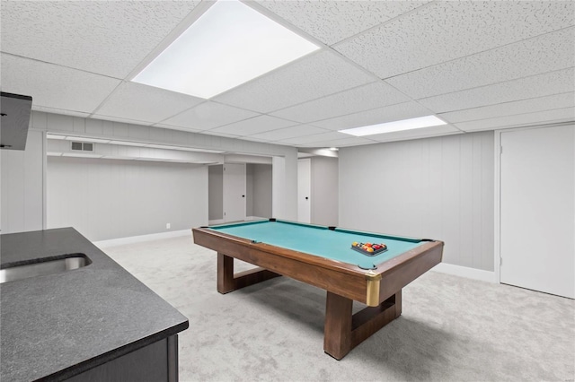 recreation room featuring a drop ceiling, carpet, and pool table