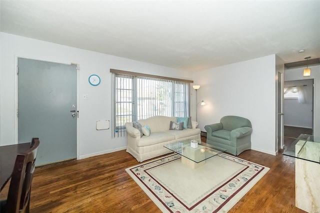 living room featuring dark wood-type flooring