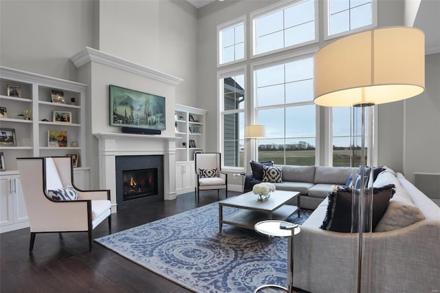 living room featuring a healthy amount of sunlight, a towering ceiling, and dark wood-type flooring