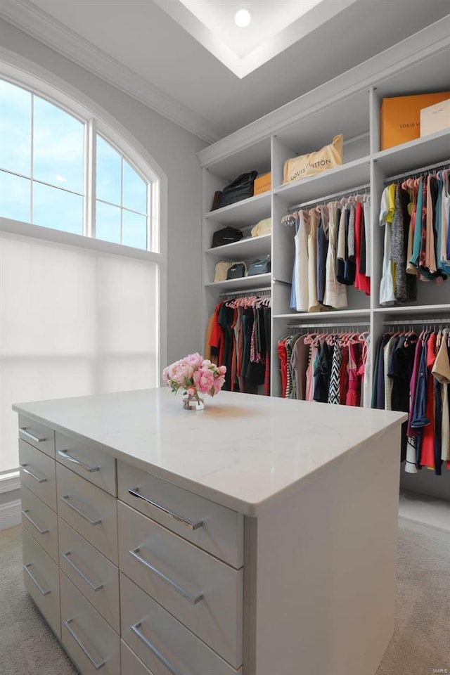 walk in closet featuring light carpet