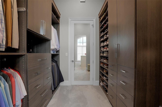 walk in closet with light colored carpet