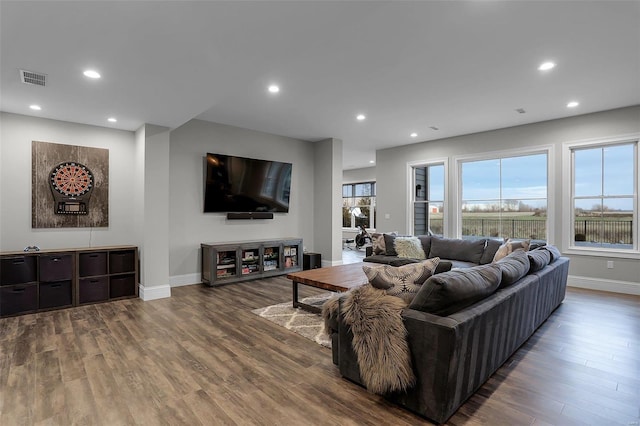 living room featuring plenty of natural light and dark wood-type flooring