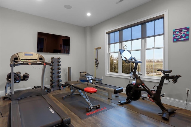 workout room featuring hardwood / wood-style floors