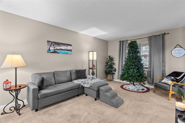 living room featuring light carpet and a textured ceiling