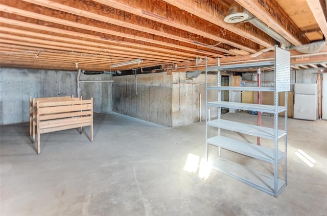 basement featuring white refrigerator