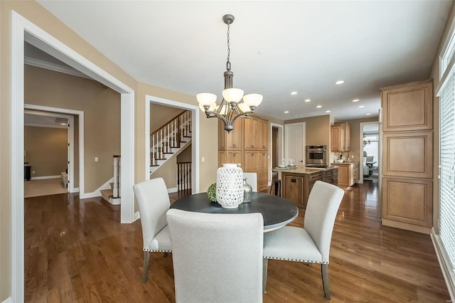 dining room with recessed lighting, dark wood-type flooring, baseboards, stairway, and an inviting chandelier