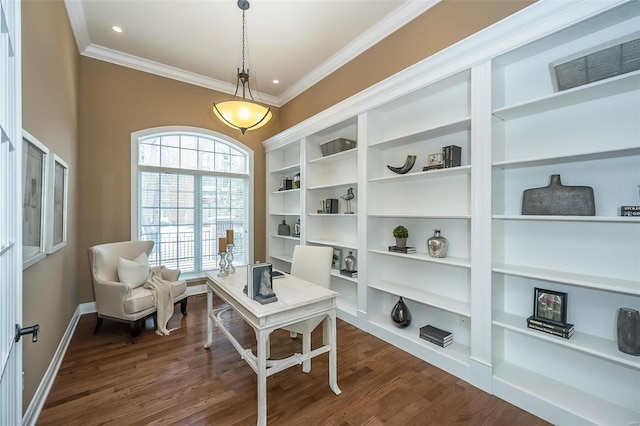 home office with crown molding, visible vents, dark wood finished floors, and baseboards