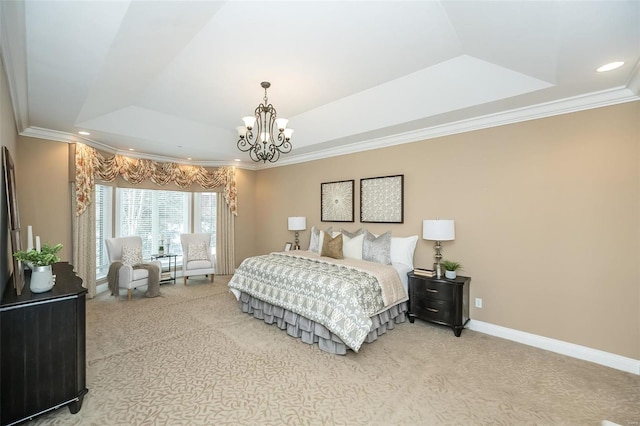 carpeted bedroom featuring baseboards, a raised ceiling, an inviting chandelier, crown molding, and recessed lighting