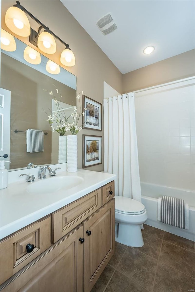 bathroom with tile patterned flooring, toilet, shower / tub combo, vanity, and visible vents