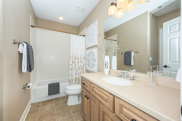 bathroom featuring visible vents, shower / bathtub combination with curtain, toilet, vanity, and tile patterned floors