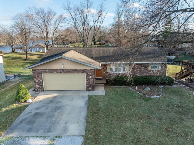 ranch-style house featuring a garage, driveway, a front lawn, and brick siding