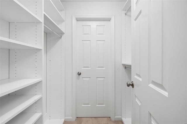 spacious closet featuring light colored carpet