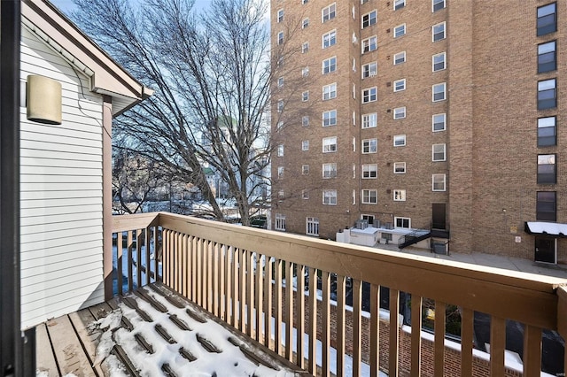 view of snow covered deck