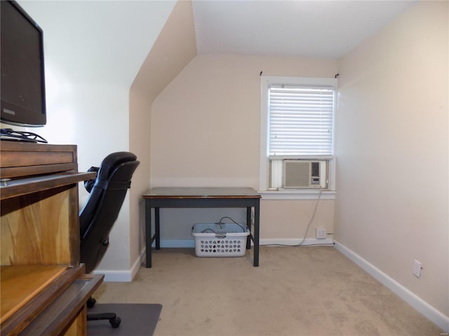 carpeted office space with cooling unit and lofted ceiling