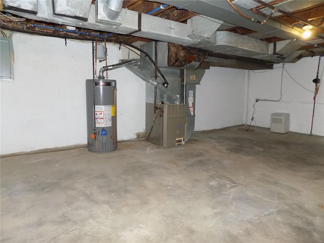 basement with heating unit, gas water heater, and electric panel