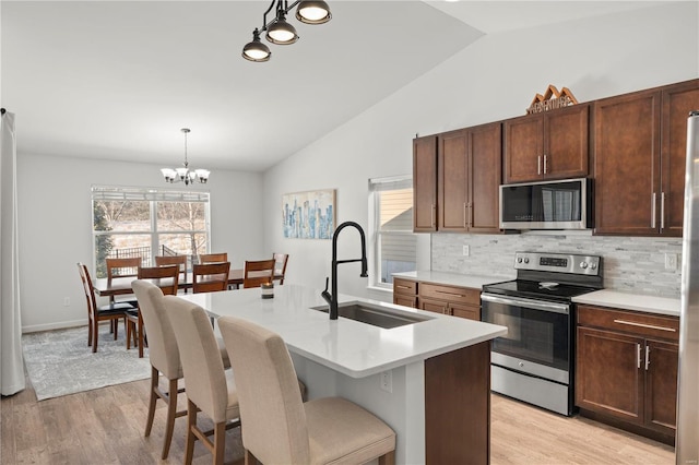 kitchen featuring tasteful backsplash, stainless steel appliances, sink, a center island with sink, and hanging light fixtures