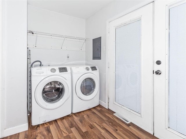 laundry area featuring washer and clothes dryer, dark wood-type flooring, and electric panel