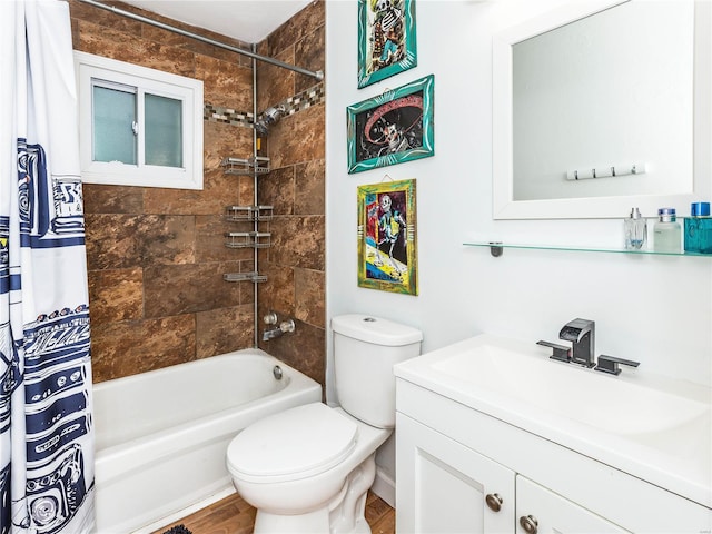 full bathroom featuring vanity, toilet, shower / bathtub combination with curtain, and wood-type flooring