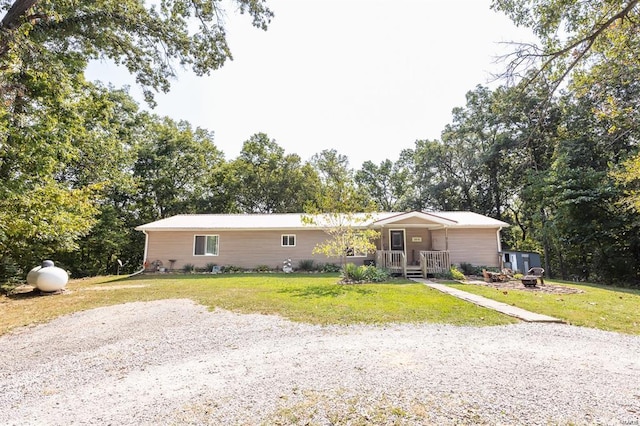 ranch-style house with covered porch and a front yard