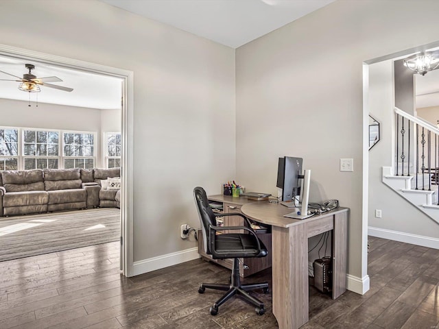 office featuring ceiling fan and dark hardwood / wood-style flooring