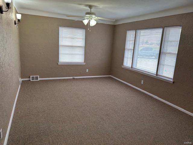 spare room with carpet flooring, a wealth of natural light, and ceiling fan