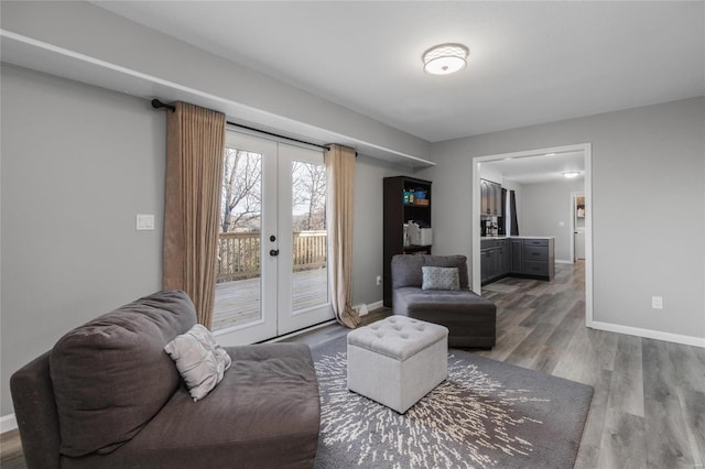 living room with wood-type flooring and french doors